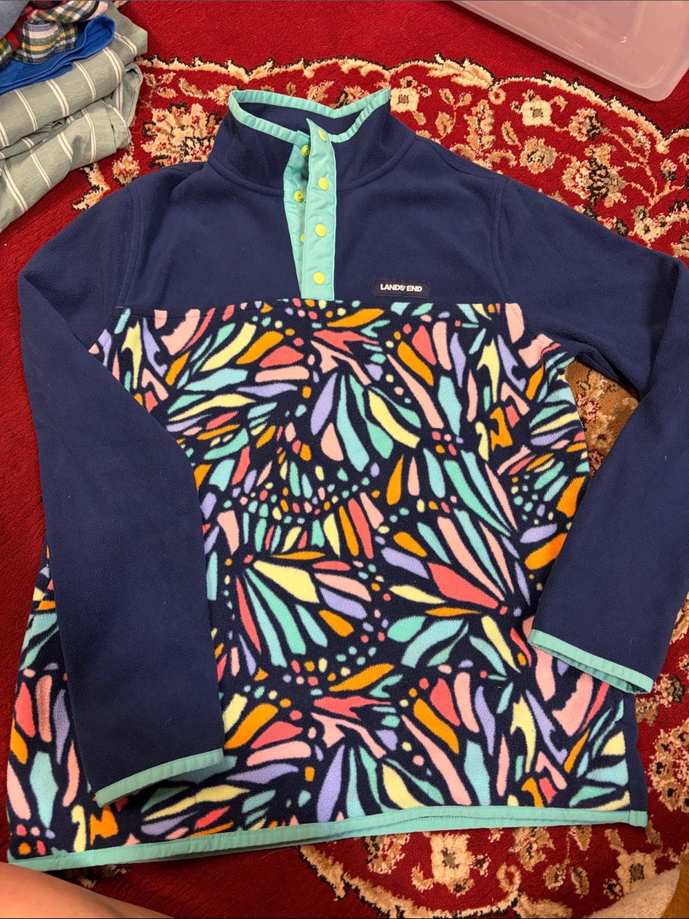 Lands' End Navy Fleece Pullover with Multicolor Butterfly Print